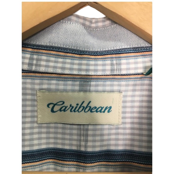 Caribbean Mens Size L Plaid Button Up Long Sleeve Collared Shirt Morrocan Blue - Picture 2 of 14